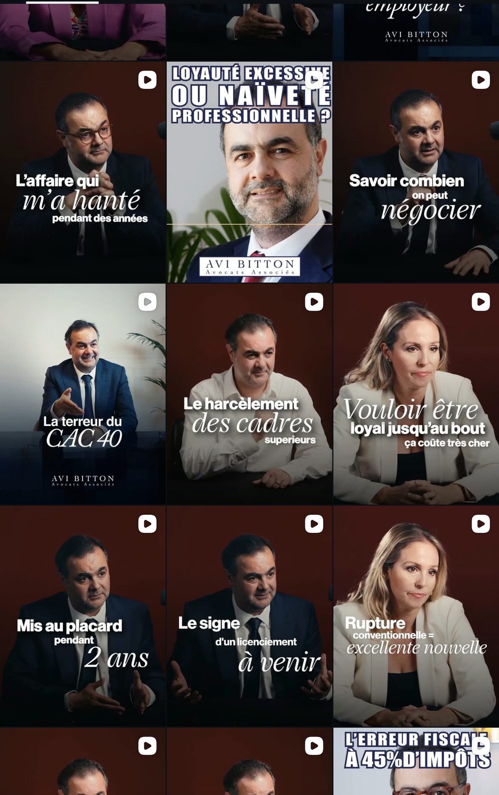 La grille Instagram d'Avi Bitton, chaque miniature avec un mot pivot en italique